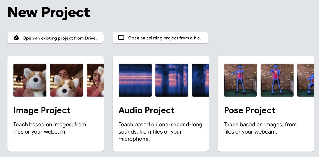 A row of three example projects including an image of a dog, audio waves, and a person posing